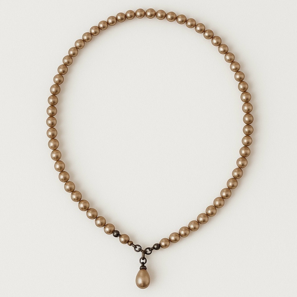 Vintage Champagne Pearl Necklace with Rhinestone Drop Pendant